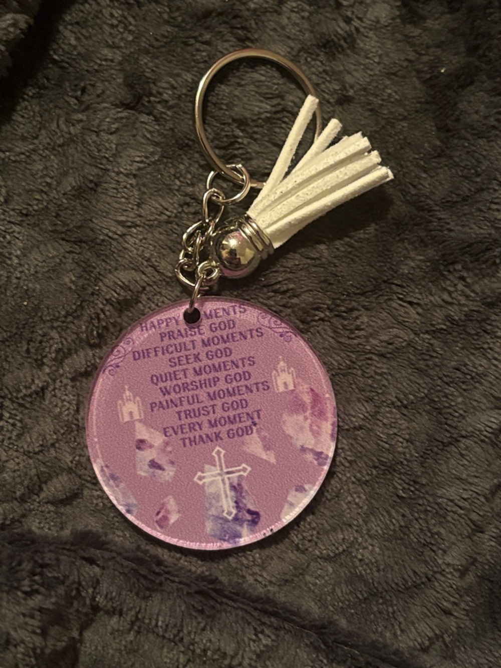 Faith-Inspired Purple Tassel Keychain